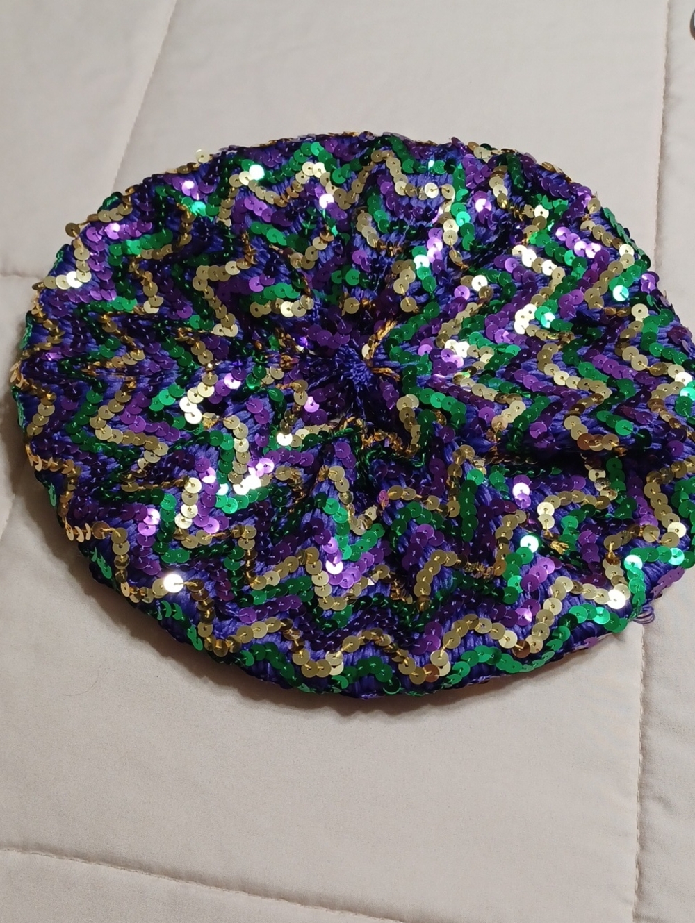 Sequin Zigzag Beret in Purple, Green & Gold